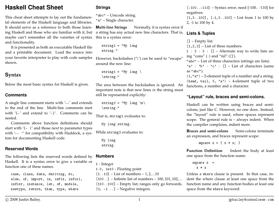 Haskell Cheat Sheet, Page 1