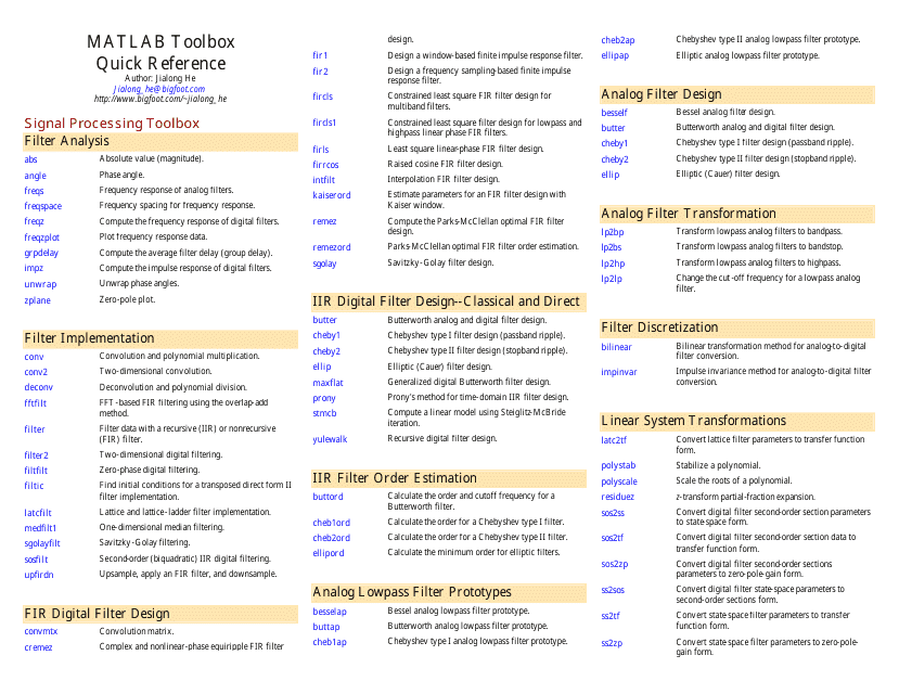 &quot;Matlab Toolbox Quick Reference Sheet&quot; Download Pdf