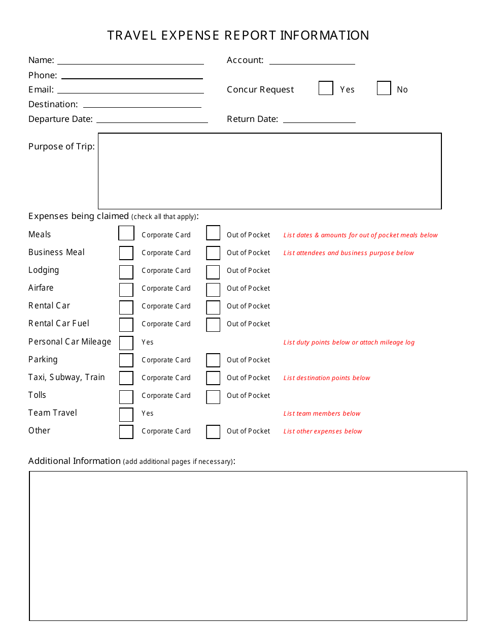 Travel Expense Report Information Template, Page 1