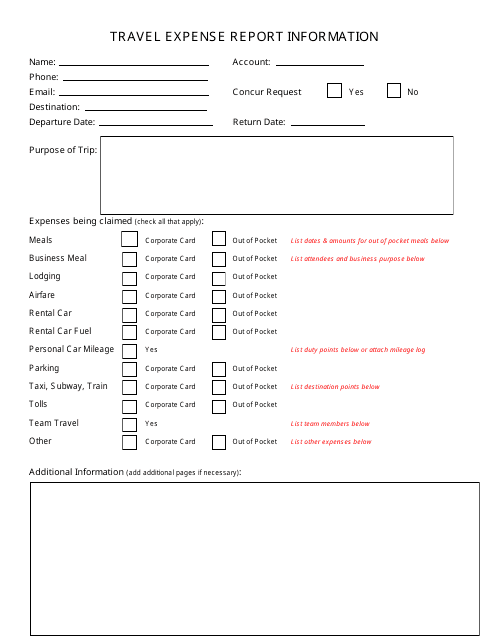 travel expense report information template download fillable pdf