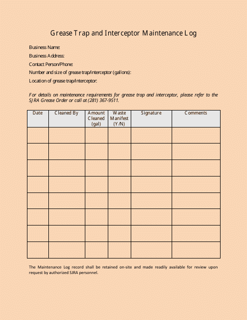 &quot;Grease Trap and Interceptor Maintenance Log Template - Sjra&quot; - Texas Download Pdf