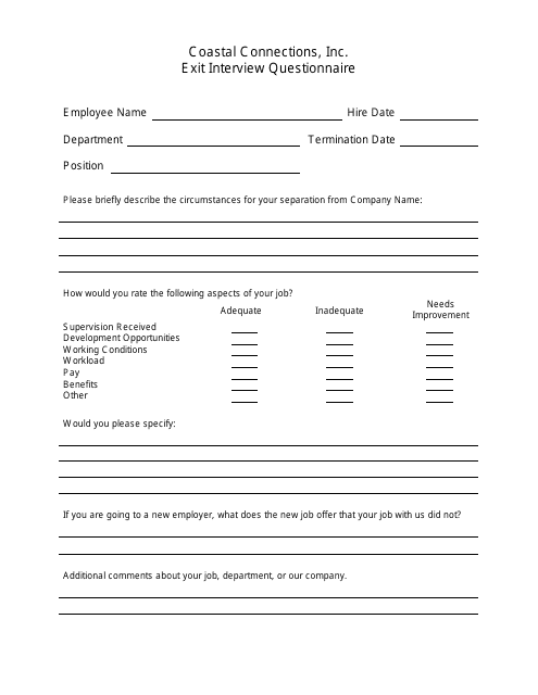 Exit Interview Questionnaire Form - Coastal Connections, Inc.