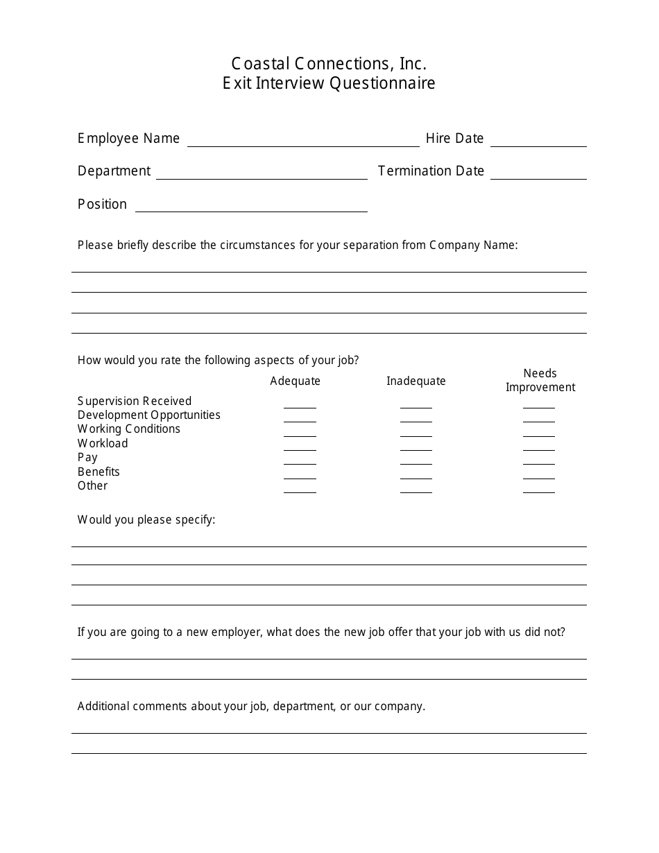 Exit Interview Questionnaire Form - Coastal Connections, Inc., Page 1