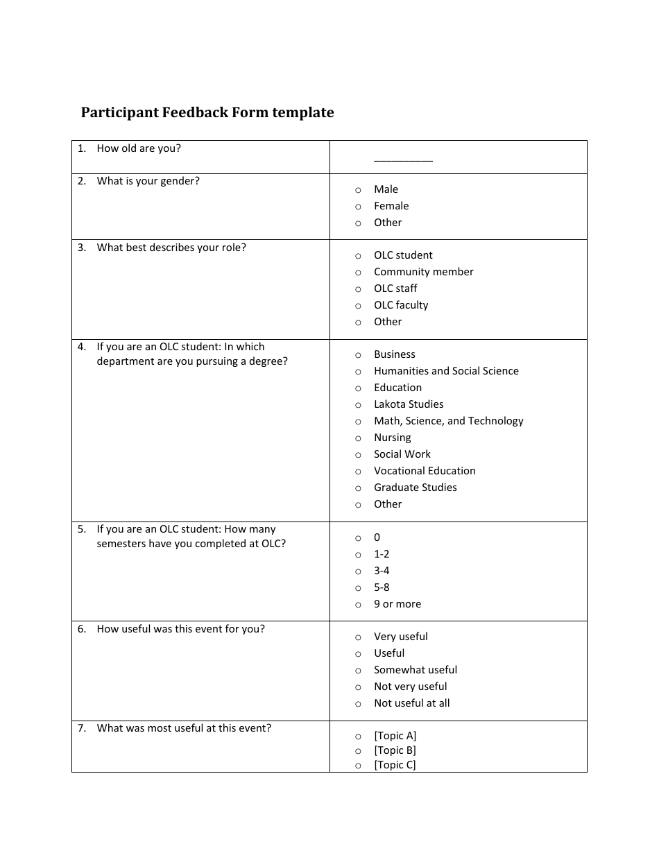 Participant Feedback Form, Page 1