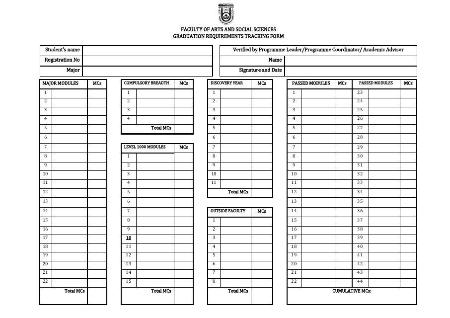 Graduation Requirements Tracking Form - Faculty of Arts and Social Sciences - Islamic Republic of Iran