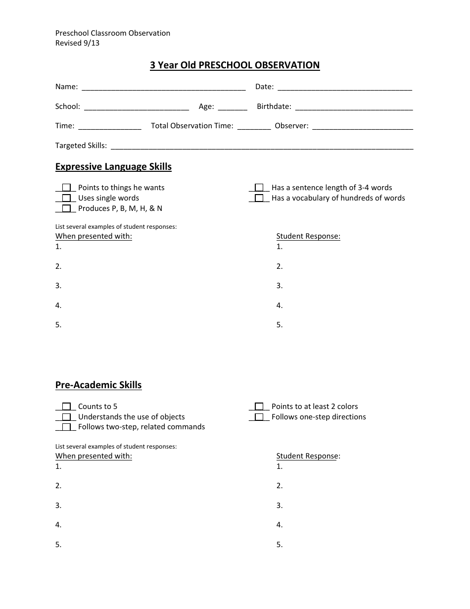 3 Year Old Preschool Classroom Observation Form, Page 1