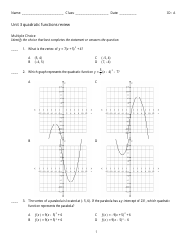 Quadratic Functions Review Worksheet
