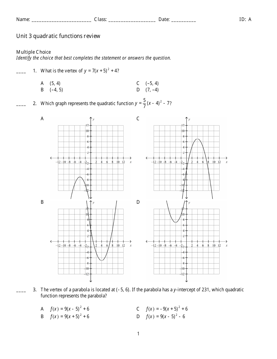 Quadratic Functions Review Worksheet - Image Preview