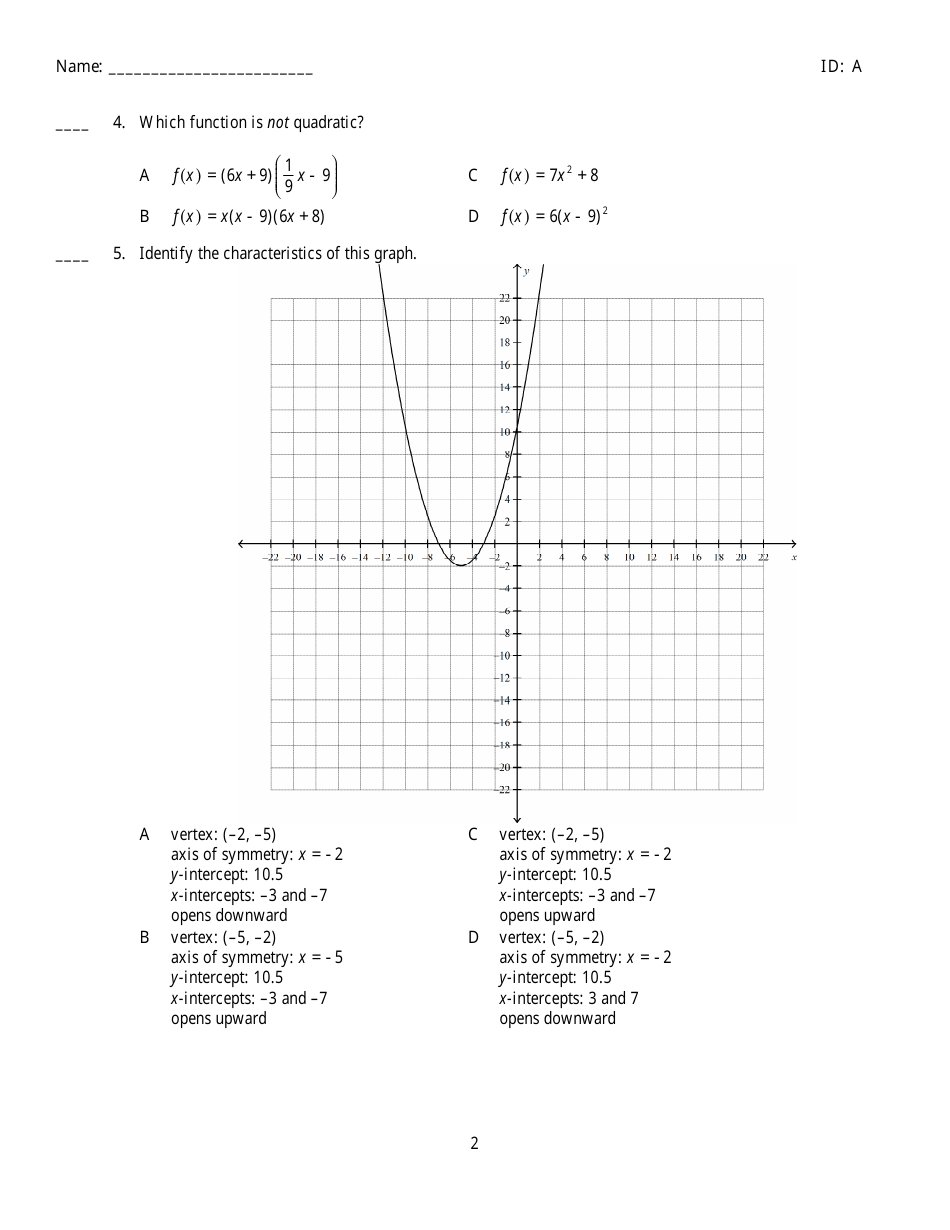 Quadratic Functions Review Worksheet Download Printable PDF ...