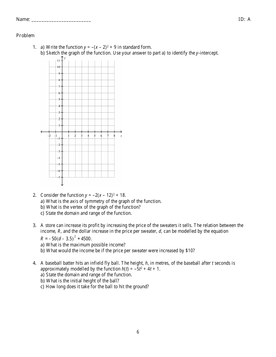 Quadratic Functions Review Worksheet Download Printable PDF ...