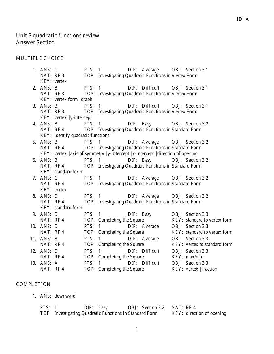 Quadratic Functions Review Worksheet, Page 8