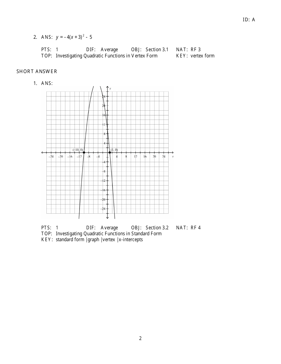 Quadratic Functions Review Worksheet Download Printable PDF ...