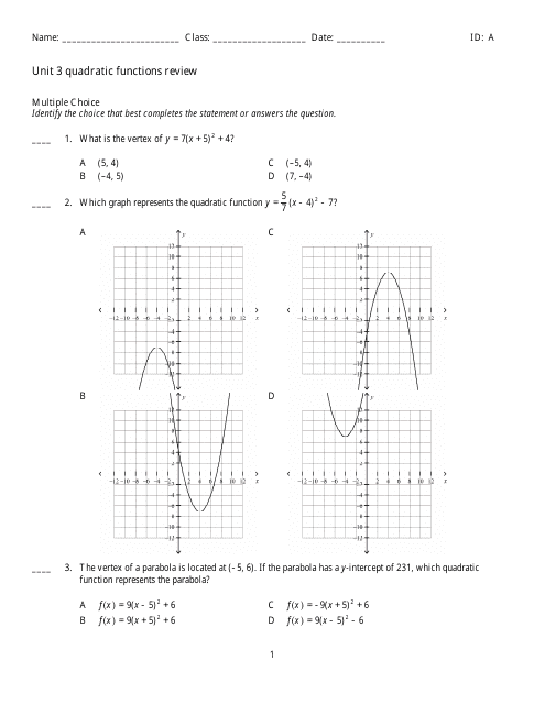 Quadratic Functions Review Worksheet - Image Preview