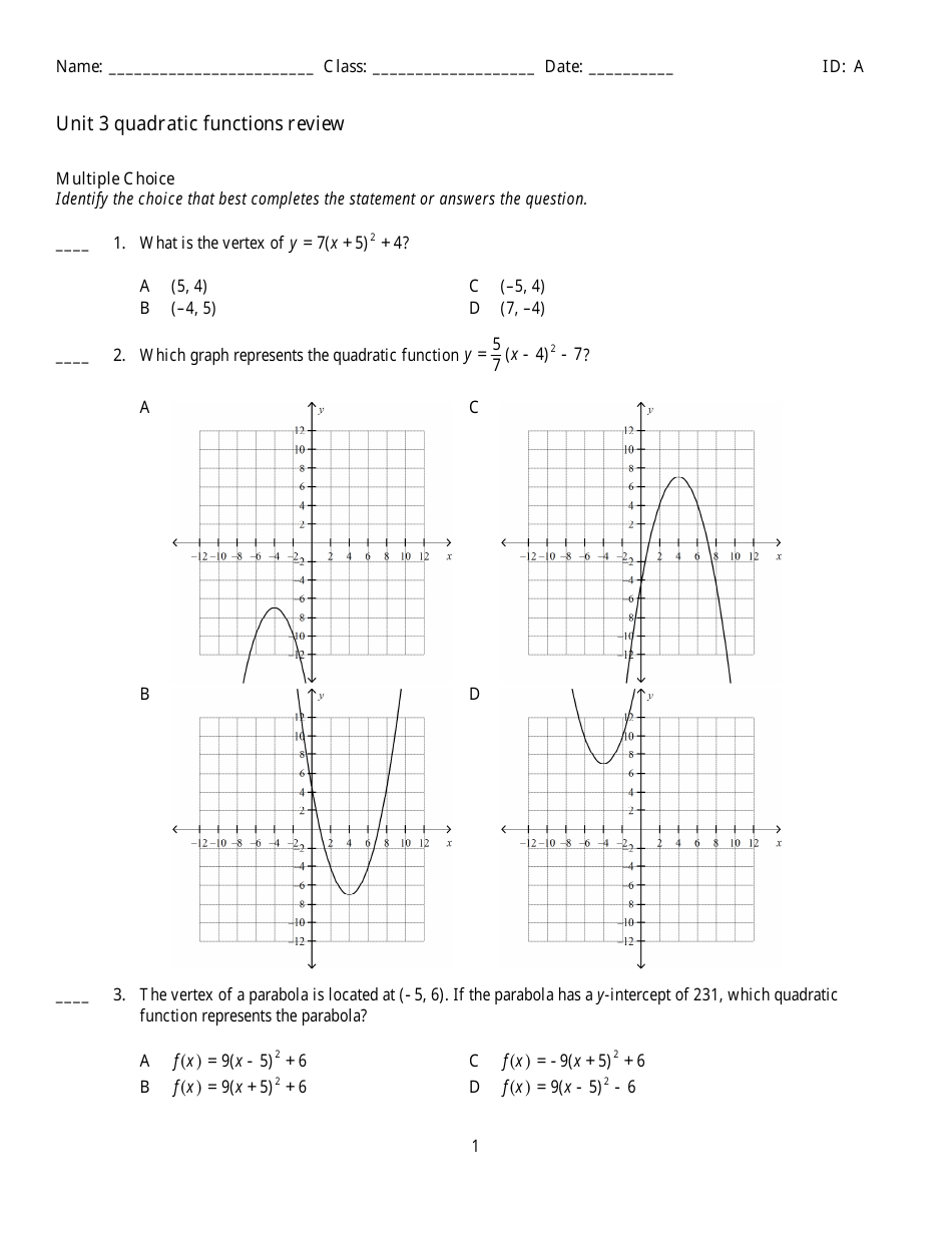 Characteristics Of Quadratic Functions Worksheet Proworksheetmyid 7802