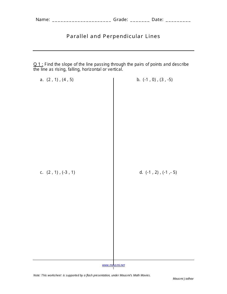 Worksheet for finding parallel and perpendicular lines with examples and exercises.
