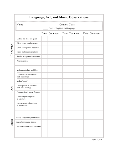 Language, Art, and Music Observation Template