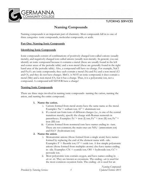 Preview of Naming Chemical Compounds Worksheet - Germanna Community College