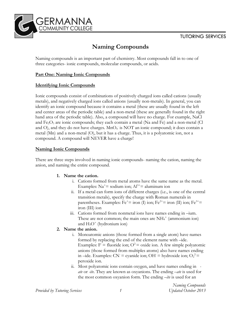 Naming Chemical Compounds Worksheet - Germanna Community College With Naming Molecular Compounds Worksheet Answers