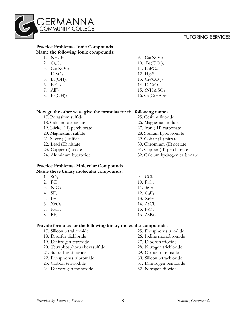 Naming Chemical Compounds Worksheet - Germanna Community College, Page 6