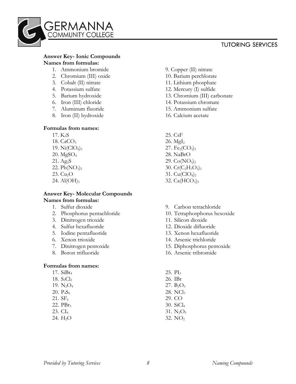 Naming Chemical Compounds Worksheet - Germanna Community College, Page 8