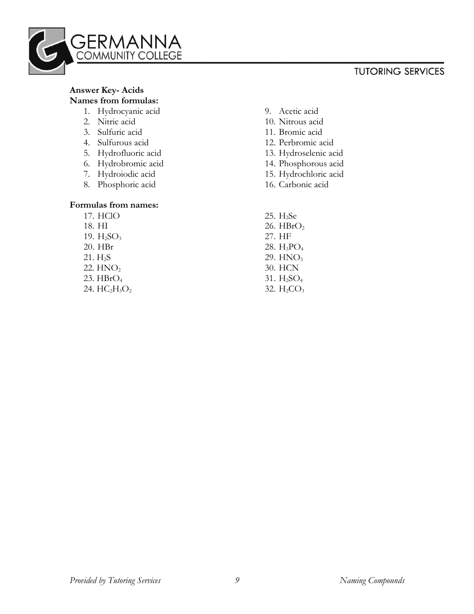 Naming Chemical Compounds Worksheet - Germanna Community College, Page 9