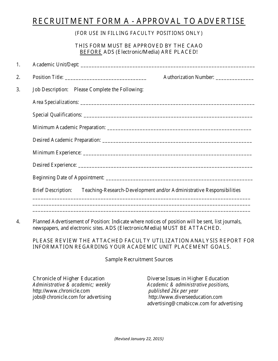 Approval to Advertise - Recruitment Form a, Page 1