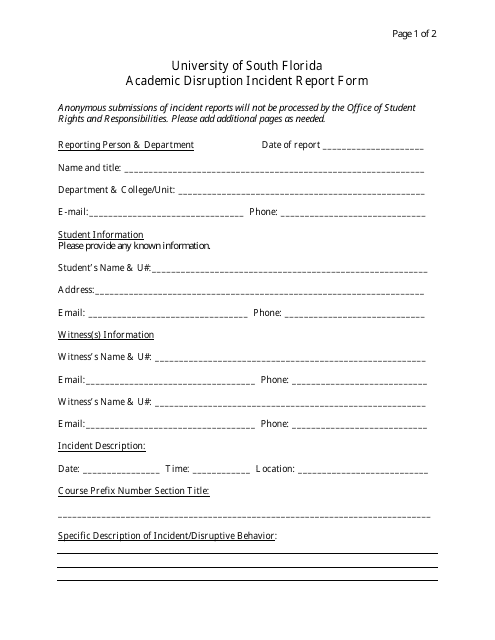 Academic Disruption Incident Report Form - University of South Florida Download Pdf