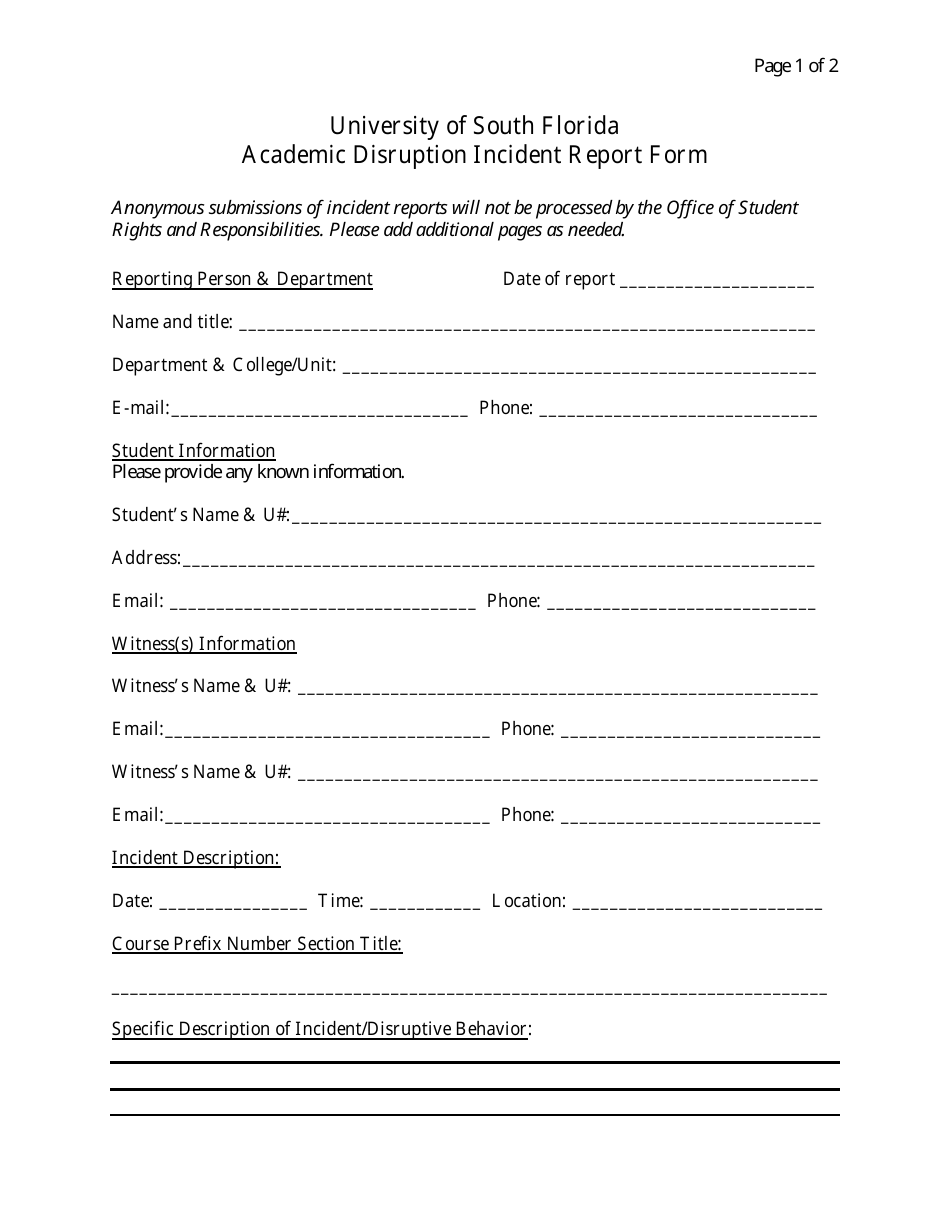 Academic Disruption Incident Report Form - University of South Florida, Page 1