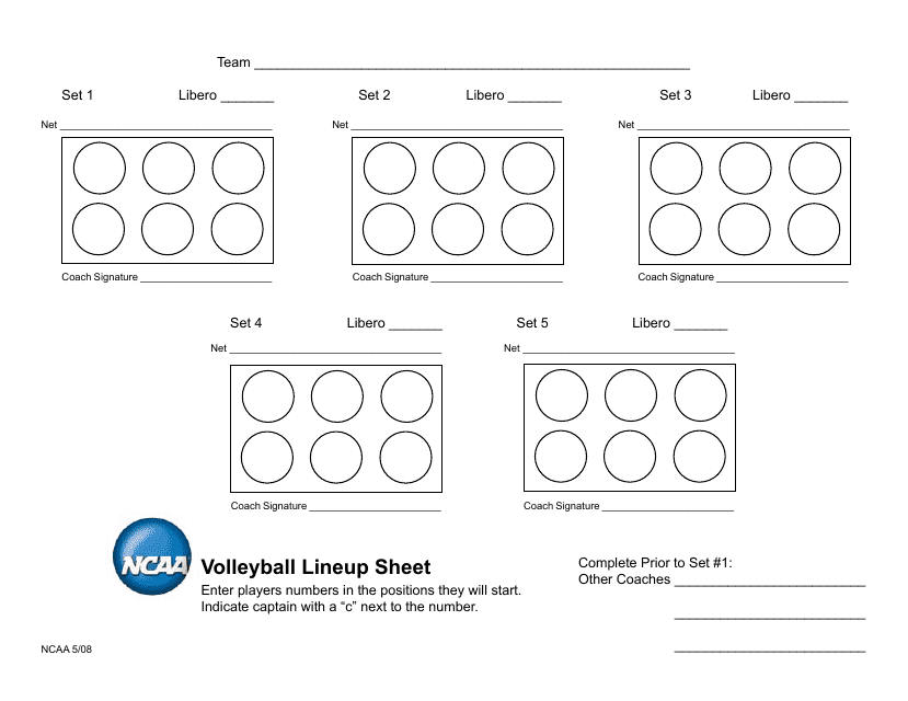 NCAA Volleyball Line-Up Sheet