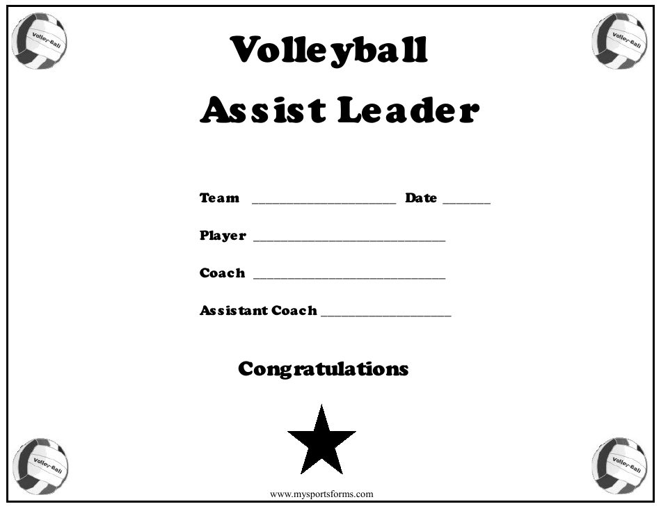 Volleyball Assist Leader Award Certificate Template Image