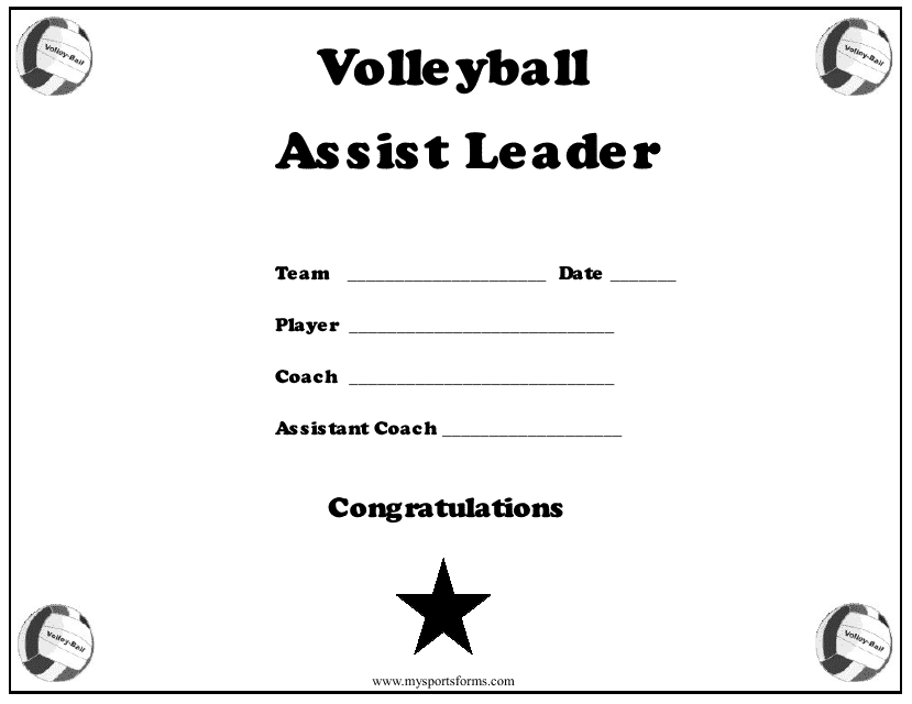 Volleyball Assist Leader Award Certificate Template