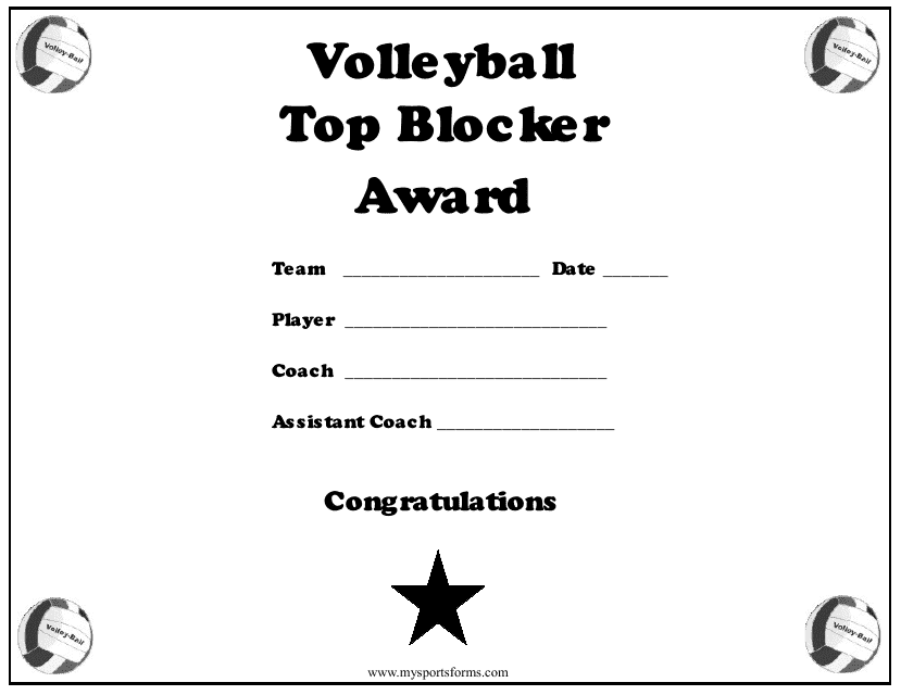 Volleyball Top Blocker Award Certificate Template
