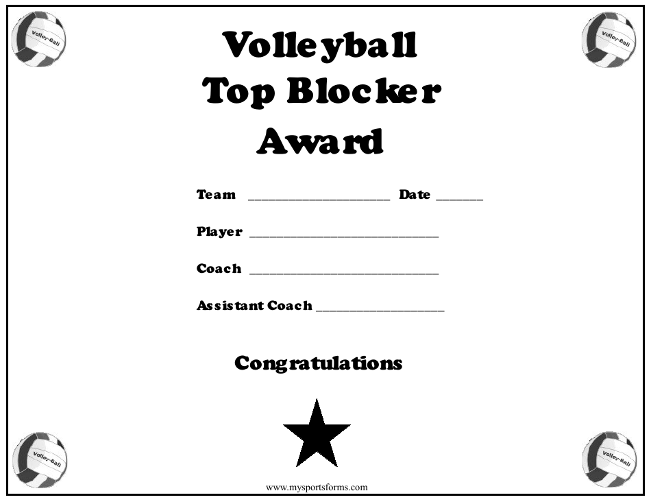 Volleyball Top Blocker Award Certificate Template Download Printable