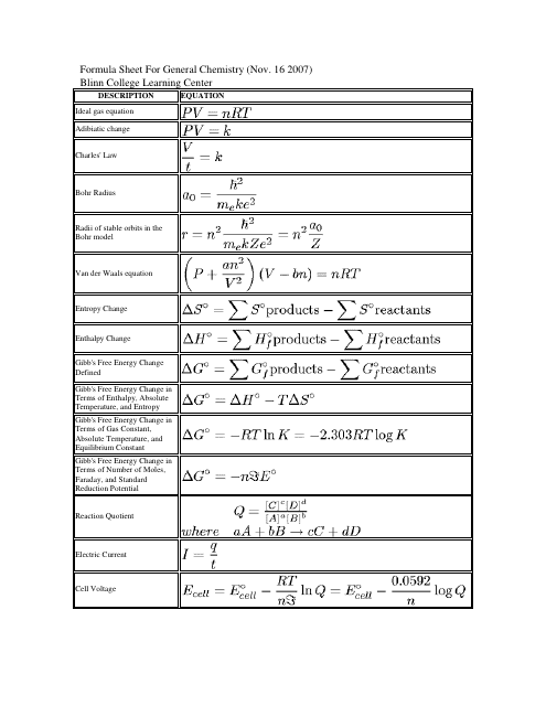 &quot;Formula Cheat Sheet for General Chemistry - Blinn College Learning Center&quot; Download Pdf