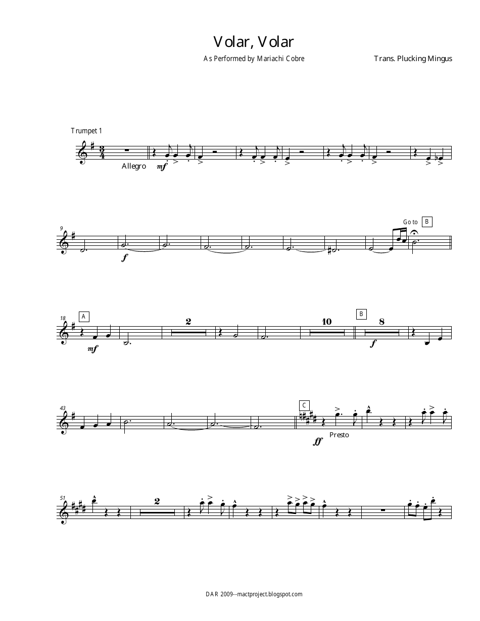 Mariachi Cobre - Volar Volar Sheet Music - Trumpet 1 Image Preview