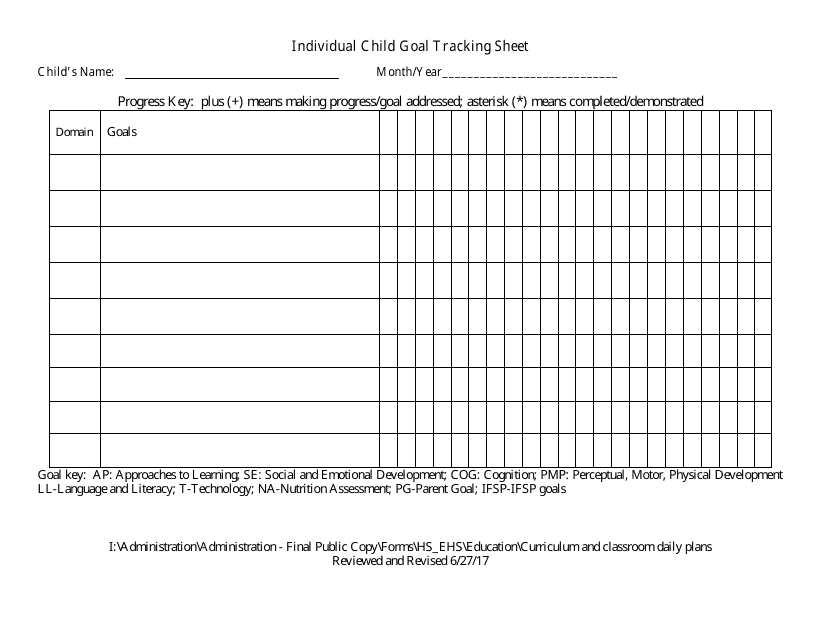 Individual Child Goal Tracking Sheet Template