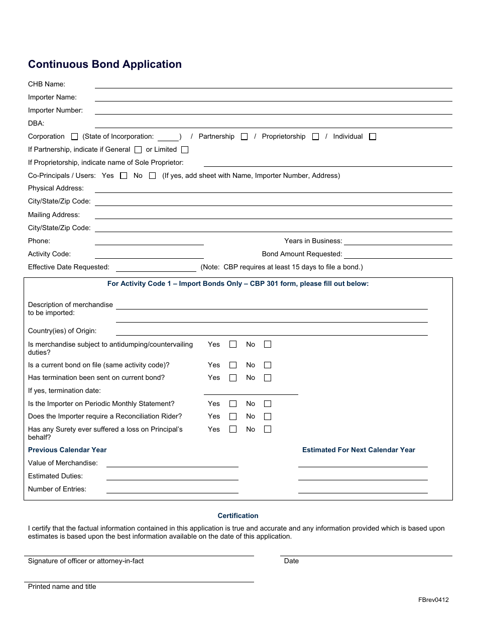 Continuous Bond Application Form, Page 1