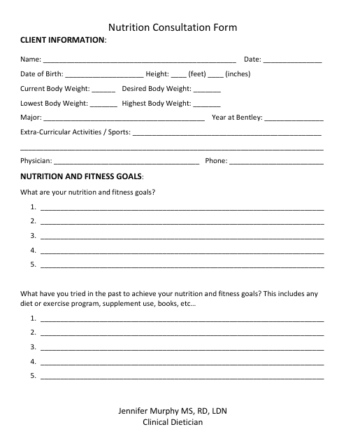 Nutrition Consultation Form - Jennifer Murphy Ms, Rd, Ldn, Clinical Dietician Download Pdf