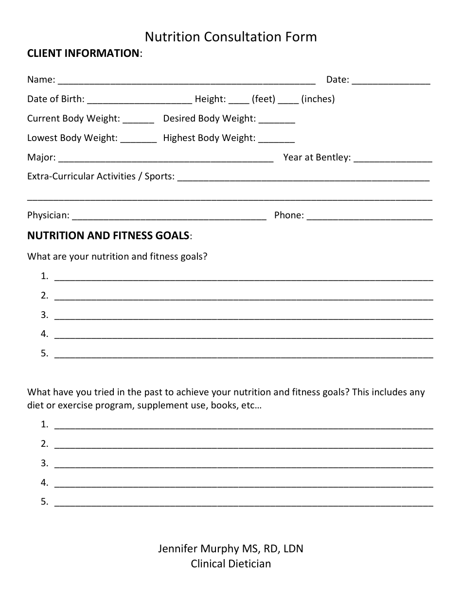 Nutrition Consultation Form - Jennifer Murphy Ms, Rd, Ldn, Clinical Dietician, Page 1