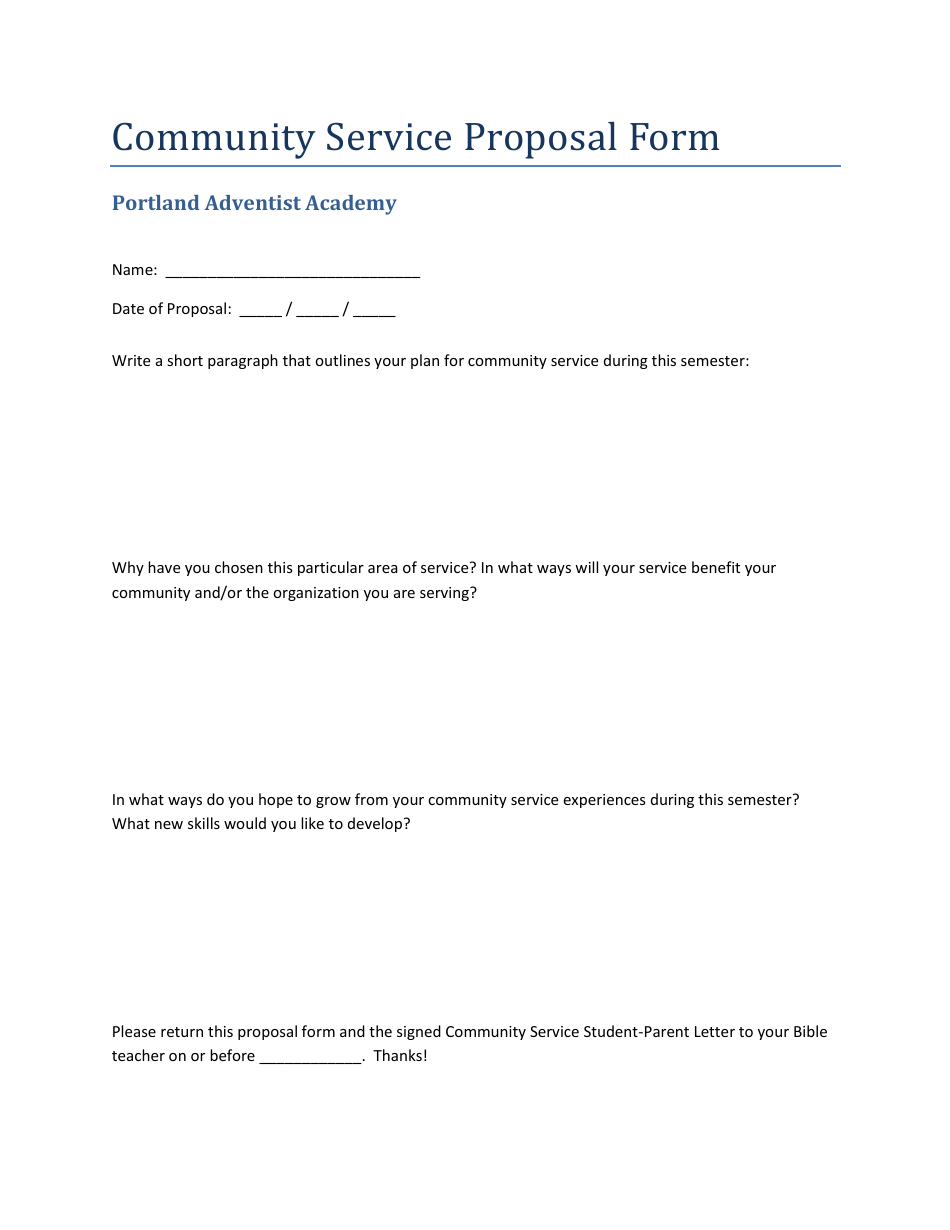 Community Service Proposal Form Portland Adventist Academy Fill Out