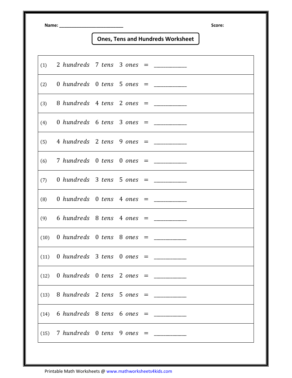 Ones, Tens and Hundreds Worksheet With Answers Download Printable Throughout Ones Tens Hundreds Worksheet