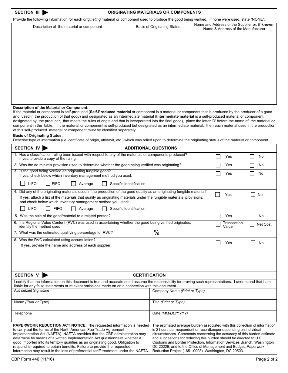 CBP Form 446 Nafta Verification of Origin Questionnaire, Page 2