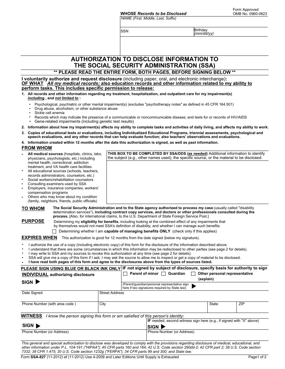 Form SSA-827 Authorization to Disclose Information to the Social Security Administration, Page 1
