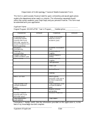 Document preview: Financial Needs Assessment Form - University of Toronto, Department of Anthropology - Canada