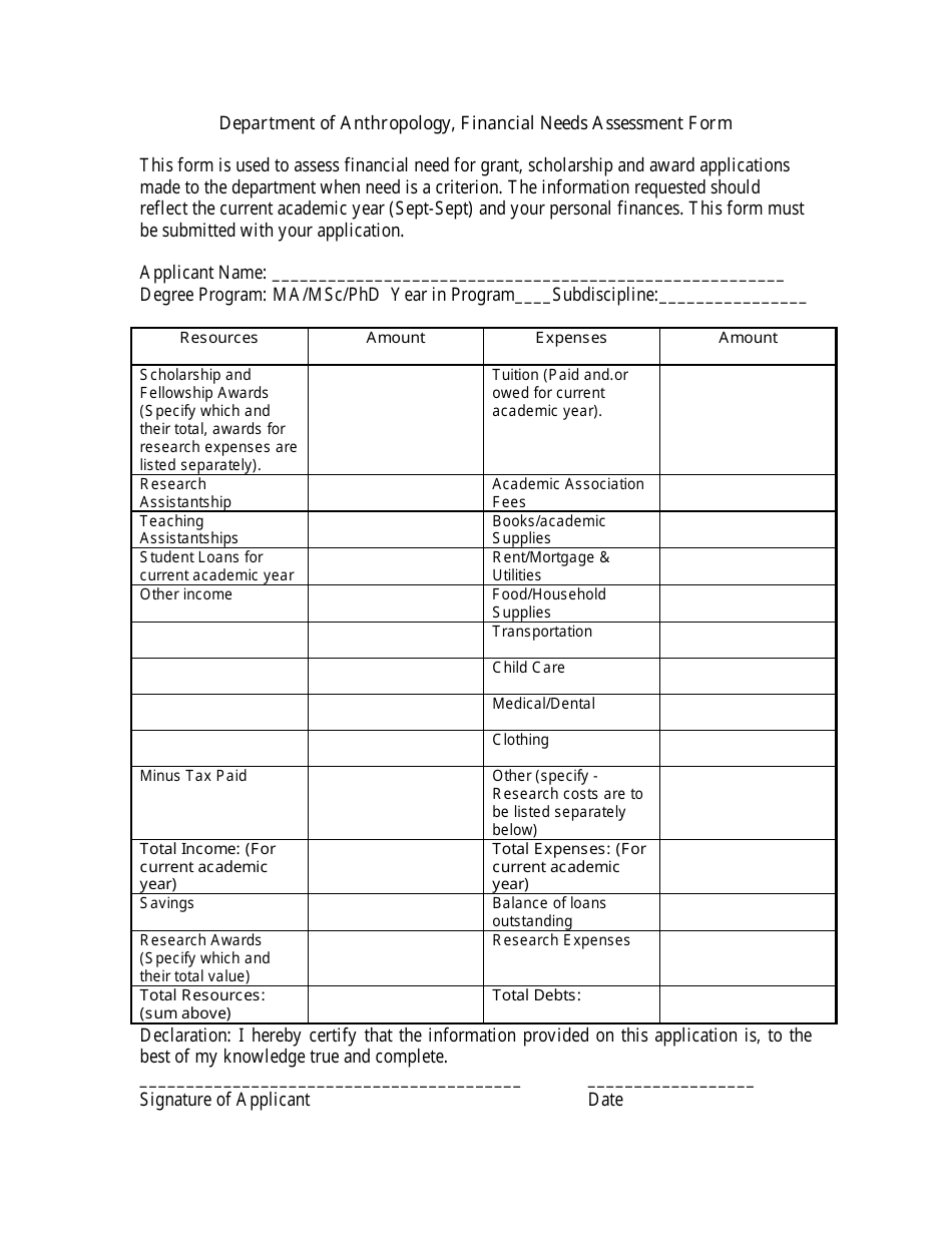 Financial Needs Assessment Form - University of Toronto, Department of Anthropology - Canada, Page 1