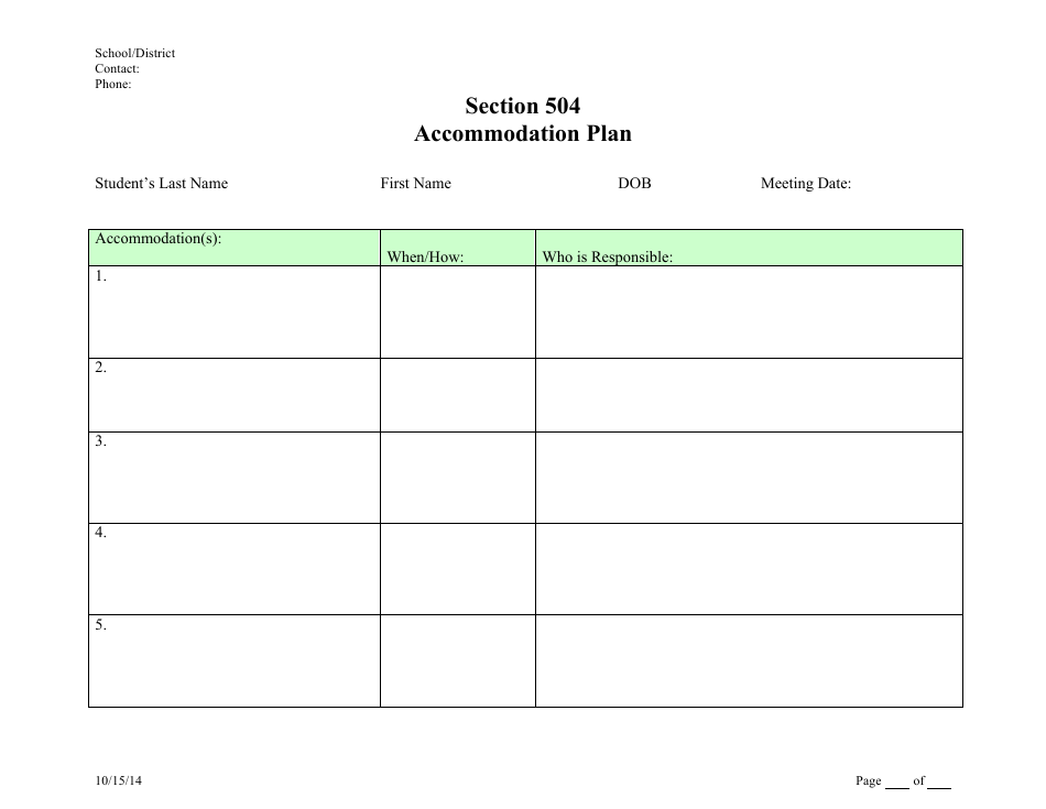 Accommodation Plan Template, Page 1