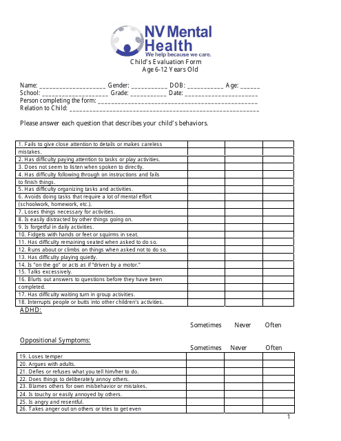 Child's Evaluation Form (Age 6-12 Years Old) - Nv Mental Health