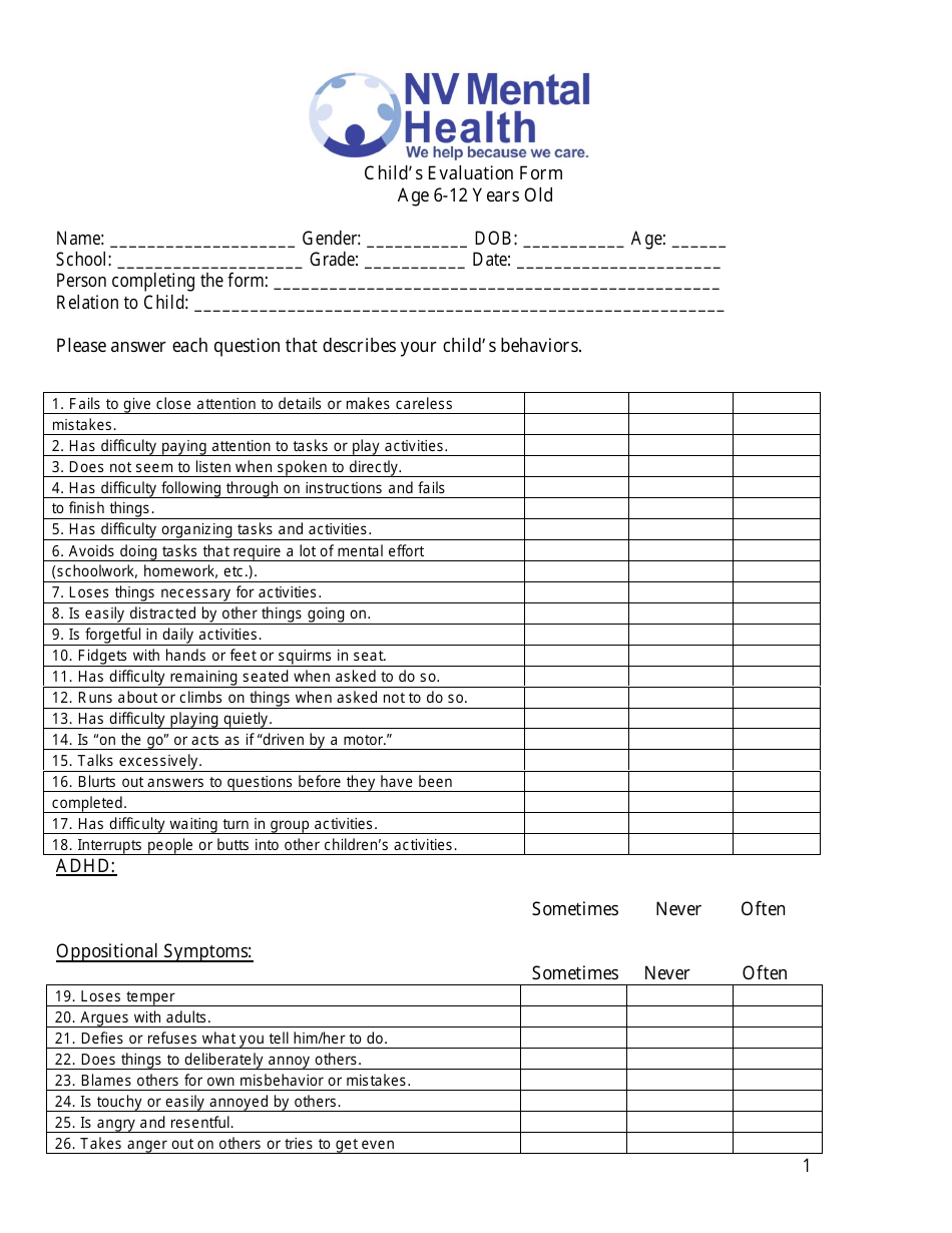 Childs Evaluation Form (Age 6-12 Years Old) - Nv Mental Health, Page 1