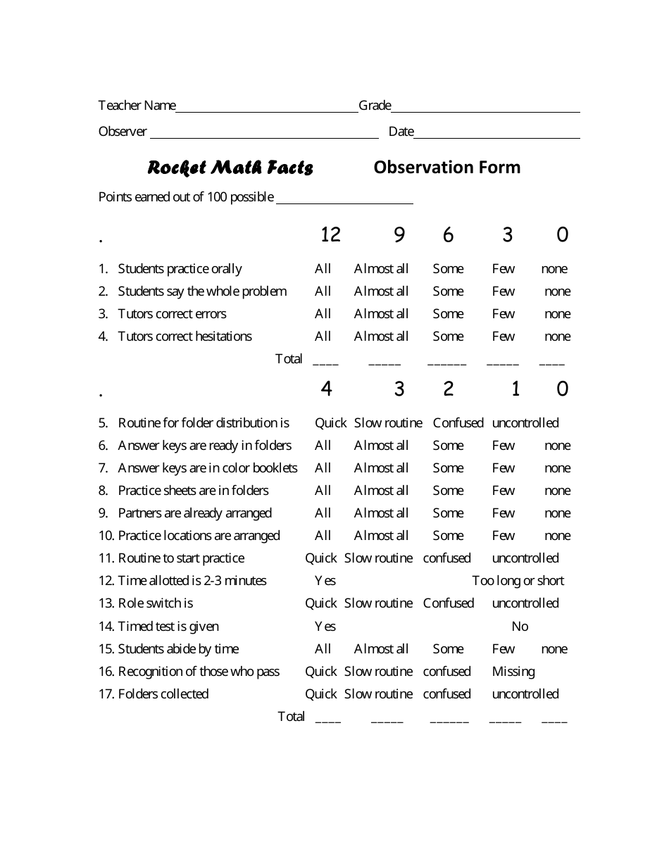 Teacher Observation Form - Rocket Math, Page 1