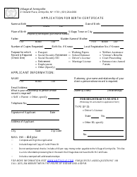 Document preview: Application for Birth Certificate - Village of Amityville, New York